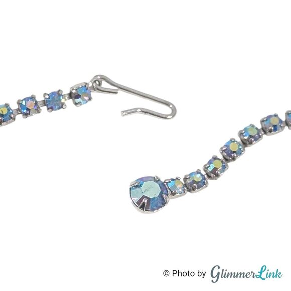 Vintage B David Scalloped Blue AB Rhinestone Mid Century Silver Tone Necklace - Picture 7 of 13
